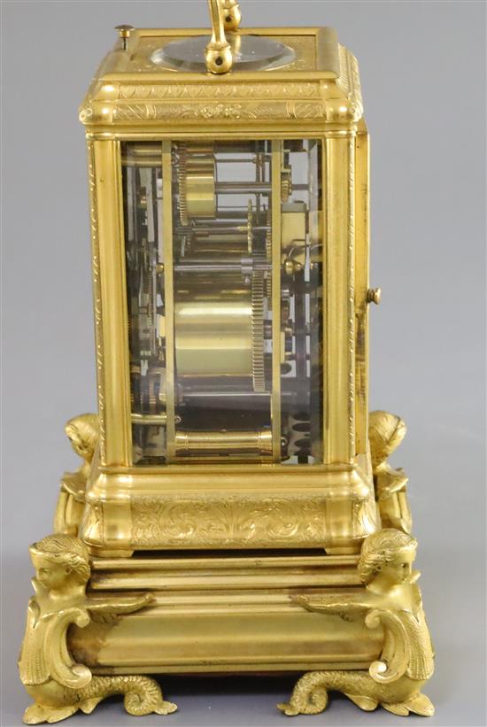 Grohe of London. A Victorian ormolu hour repeating calendar carriage clock, overall height 7.25in.